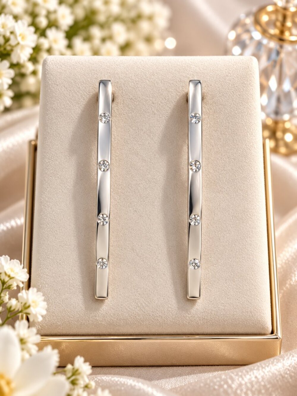 Silver Crystal Bar Drop Earrings Long Minimalist Sparkling Dangl Crystal Accents